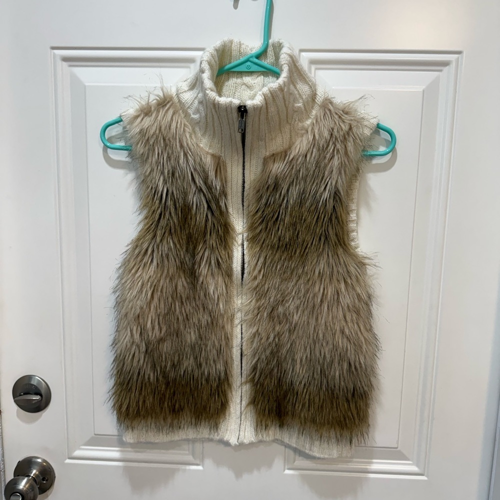Justice Cream Knit Vest with Brown Faux Fur Front